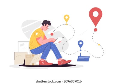 Man character paving way on mobile phone app vector illustration. Guy use app to find faster route to location flat style. Gps concept