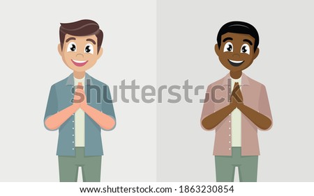 Man character in pay respect pose