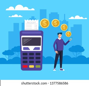 Man character paying by internet smartphone gadget. Online web wireless payment system concept. Vector flat cartoon graphic design illustration