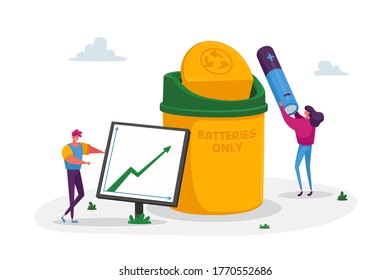 Carácter de hombre realiza un gráfico de flecha creciente con estadísticas de uso y reciclaje de baterías y desechos electrónicos. Segregación de desechos de gráficos de datos y reducción de la contaminación de la Tierra. Ilustración de vectores de personas de caricatura