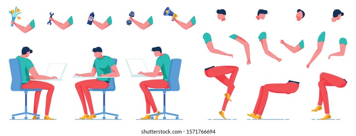 Man Character Performing Different Professions Flat Cartoon Vector Illustration. Guy Working on Computer, Body Parts in Different Poses. Person Holding Flowers, Wrench, Dumbbell, Megaphone, Bottle.