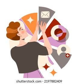 Carácter de hombre con gráfico circular que trabaja con información Analizando y explorando la ilustración del vector de datos