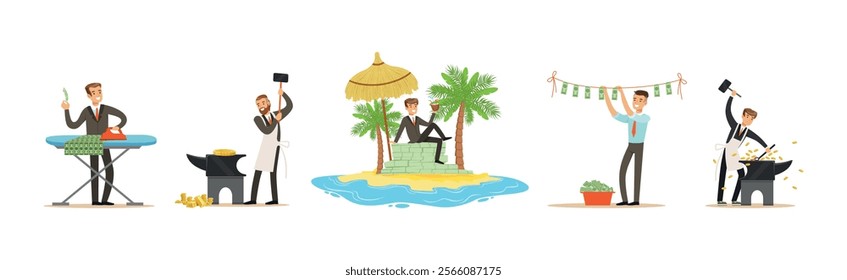 Man Character with Pile of Money as Bribery Funds Vector Set