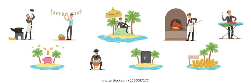 Man Character with Pile of Money as Bribery Funds Vector Set