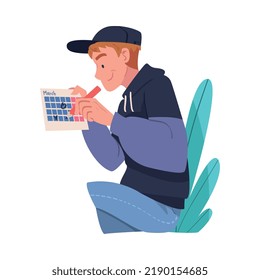 Man Character Planning Time and Event Marking Date on Calendar and Managing Schedule Vector Illustration