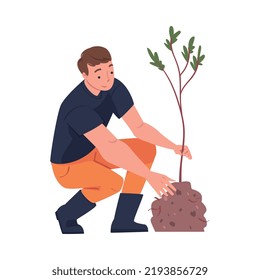 Man Character Planting Tree Sapling in Soil Taking Care of Planet and Nature Vector Illustration