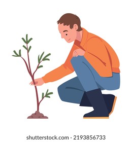 Man Character Planting Tree Sapling in Soil Taking Care of Planet and Nature Vector Illustration