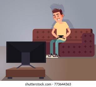 Man character play computer game. Vector cartoon illustration