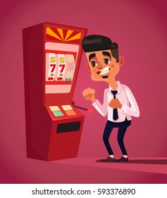 Man character play in slot machine. Vector flat cartoon illustration