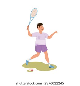 Man Character Playing Badminton with Racquet Vector Illustration