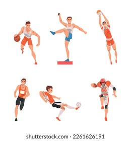 Man Character Playing Basketball, Rugby, Volleyball, Football, Running Marathon and Throwing Ball Vector Set