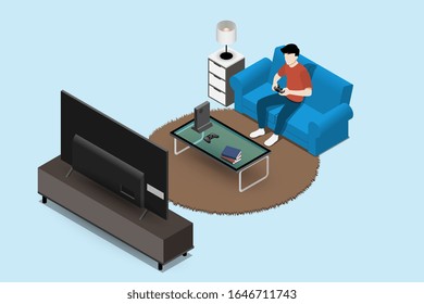 Carácter hombre jugando una consola de juegos en una gran pantalla LED TV y sentados en un sofá en una sala de estar para entretenerse en el moderno concepto de interior de la casa. Diseño de ilustración aislada de vectores.