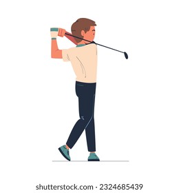 Man Character Playing Golf with Club Enjoying Recreation Activity Vector Illustration