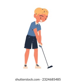 Man Character Playing Golf with Club Enjoying Recreation Activity Vector Illustration