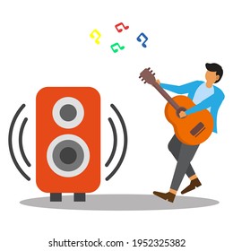 man character playing guitar, flat illustration vector graphic
