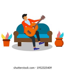 man character playing guitar on the sofa, flat illustration vector graphic