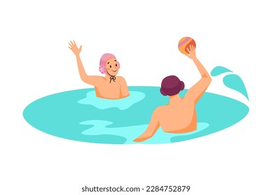 Man Character Playing Polo with Ball and Turquoise Splash Doing Water Sport Activity Vector Illustration