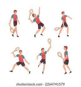 Charaktere des Mannes Tennis als Racket Sport auf Court Vector Set