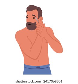 Man Character Pluck Eyebrows With Tweezers For Polished Look In his Grooming Routine, Enhancing Facial Aesthetics And Embracing Modern Approach To Male Beauty Care. Cartoon People Vector Illustration