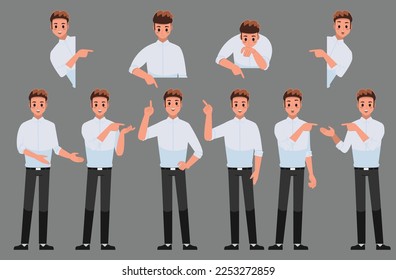 A man character pointing his finger in different directions set , A business man wearing white shirt with points at something. Vector illustration 