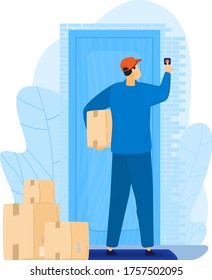 Man character postman hold package box, express delivery to door house isolated on white, cartoon vector illustration. Big online shopping internet order, male mail worker transfer parcel.
