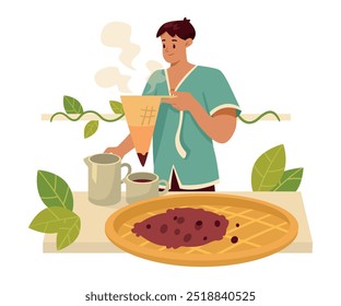 Man Character Pouring Hot Aromatic Coffee Beverage in Cup Vector Illustration