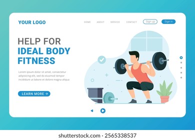 Man character practicing fitness, healthy lifestyle, online workout at home. Landing page template of Fitness Challenge app