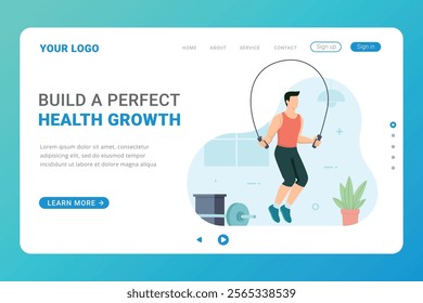 Man character practicing fitness, healthy lifestyle, online workout at home. Landing page template of Fitness Challenge app