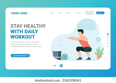 Man character practicing fitness, healthy lifestyle, online workout at home. Landing page template of Fitness Challenge app