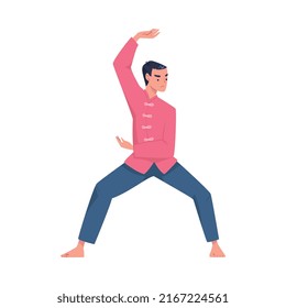 Man Character Practicing Tai Chi and Qigong Exercise as Internal Chinese Martial Art Vector Illustration
