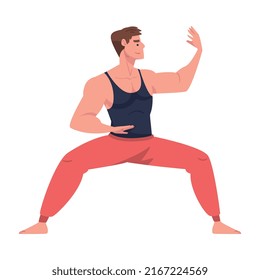 Man Character Practicing Tai Chi and Qigong Exercise as Internal Chinese Martial Art Vector Illustration