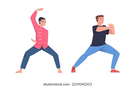 Man Character Practicing Tai Chi and Qigong Exercise as Internal Chinese Martial Art Vector Set