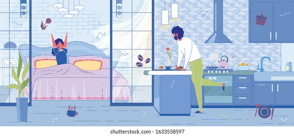 Man Character Preparing and Bringing Breakfast to his Girlfriend. Culinary and Cookery as Hobby and Pleasant Occupation. People Romantic Relationships and Warm Attitude. Flat Vector Illustration.