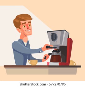 Man character preparing morning coffee. Vector flat cartoon illustration 
