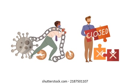 Man Character Pulling Chain with Coronavirus and Holding Closed Jigsaw Puzzle Having Financial Crisis Vector Set