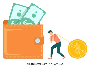 El personaje del hombre tirando una cuerda con una moneda, una escena de ganar dinero, dinero en efectivo con dólares. Trabajador con moneda, elemento de inversión o beneficio, vector de signo de capital