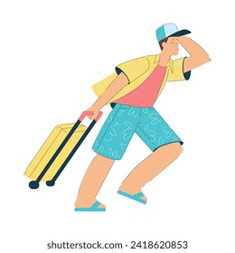 Man Character Pulling Suitcase Going on Summer Vacation Having Journey Vector Illustration