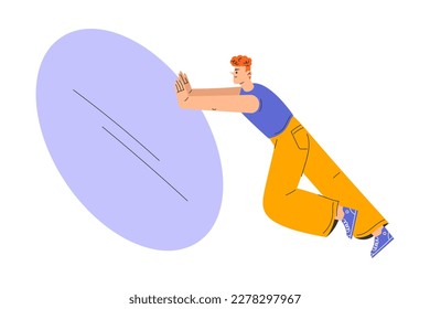Man Character Pushing Big Blue Oval Shape Forward Vector Illustration