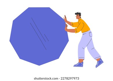 Man Character Pushing Big Blue Polygon Shape Vector Illustration