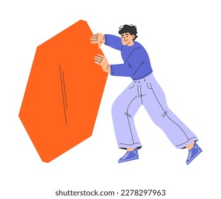 Man Character Pushing Big Orange Shape Vector Illustration