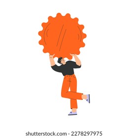 Carácter de hombre que presiona hacia arriba Gran Ilustración de vectores de forma naranja