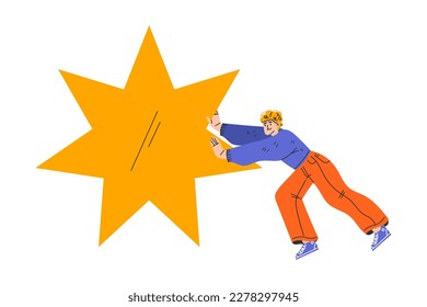 Man Character Pushing Big Yellow Star Shape Vector Illustration