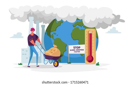 Carácter hombre que empuja la flecha de la rueda con saco de basura para reciclar y pasar un enorme termómetro con alta temperatura en la Tierra. Contaminación ambiental, calentamiento global. Ilustración de vectores de caricatura