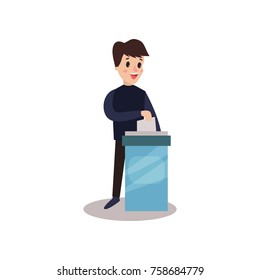 Man character putting a ballot into a voting box, voting process vector Illustration