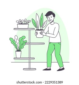Man Character Putting Plant with Pot on Shelf Growing and Cultivating Greenery Outline Vector Illustration