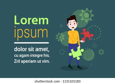 man character putting two pieces puzzle template for design work or animation over green background full length copy space flat vector illustration