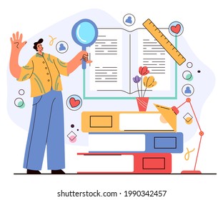 El personaje principal lee el libro abierto y busca información. Concepto de manual de usuario. Ilustración de diseño gráfico plano vectorial
