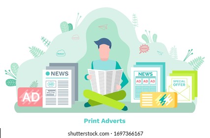 Hombre leyendo periódico, anuncios impresos. Noticias diarias, productos publicitarios y promocionales, página de plantillas con líneas, diario o boletín informativo, vector de información
