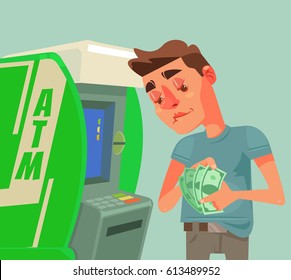 Man character receive and count money near ATM. Vector flat cartoon illustration