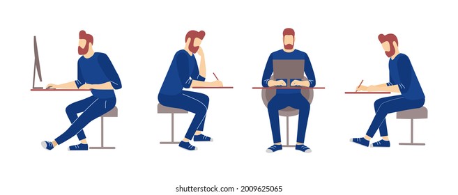 Man character relaxed working vector illustration. Guy sitting with smartphone, making videocall via internet app on pc, working at computer and reading book